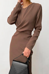 Heididress Solid Front Cross Slit Back Ruched Midi Dress