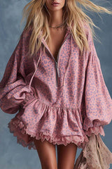 Elegant Western Hooded Front Zipper Ruffled Hem Pink Leopard Print Fuax Suede Mini Dress