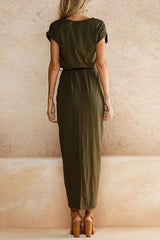 Heididress Short Sleeve Tie Waist Slit Midi Dress