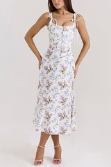 Heididress Bow Shoulder Back Lace-up Floral Print Midi Cami Dress