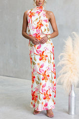 Asymmetrical Shoulder Sleeveless Waisted Floral Print Maxi Dress