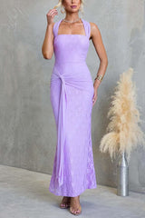 Square Neck Sleeveless Ruched Knot Lace Maxi Dress