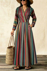 Vintage Striped Wrap Midi Dress