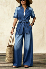 Denim 1970s Lapel Button Belted Waist Jumpsuit