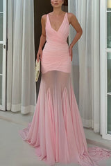 V Neck Sleeveless Splice Ruched Maxi Dress