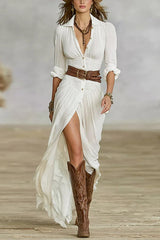 Heididress Lapel V Neck Long Sleeves Button Up Slit Maxi Dress