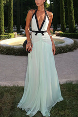 Heididress Deep V Neck Halter Backless Color Block Bow Maxi Dress