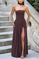 Heididress Strapless Back Lace-up High Slit Splice Maxi Dress