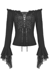 Gothic Lace-Up Off-Shoulder Top with Flared Lace Sleeves