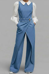 Women's Relaxed Round Neck Sleeveless Casual Loose Denim Wide-Leg Jumpsuit