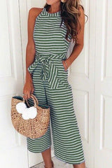 Heididress Sleeveless Knot Waist Wide Leg Striped Jumpsuit