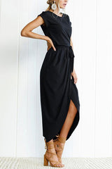 Heididress Short Sleeve Tie Waist Slit Midi Dress