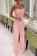 Heididress Off Shoulder Feather Splice Belted Jumpsuit