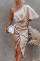 Heididress Sparkly One Shoulder Ruched Slit Party Dress