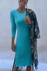 Crewneck Long Sleeve Buttons T-shirt Dress