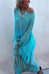 Heididress Stylish Tassel Hollow Out Poncho Sweater