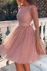 Heididress Stylish Crewneck Long Sleeve Mesh Splice Swing Dress