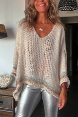 V Neck Long Sleeve Hollow Out Cozy Sweater