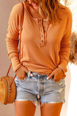 Heididress Solid Buttons Long Sleeve Waffle T-shirt