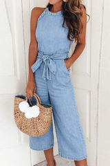 Summer Denim Wide Leg Jumpsuit β Women's Casual Halter Neck Tie Waist Outfit