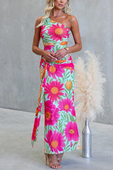 One Shoulder Sleeveless Floral Print Draped Maxi Dress