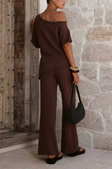 Chic Asymmetrical Shoulder Side Slit Knit Top