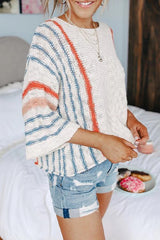 Heididress Striped Color Block 3/4 Sleeve Pullover Sweater