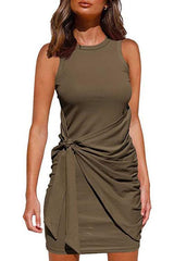 Crewneck Knot Front Ruched Sleeveless Dress