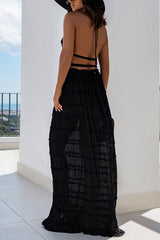 Frilled Halter Open Back Crop Top and Pleated Maxi Skirt Set