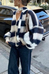 Heididress Lantern Sleeves Button Down Color Block Stripes Sweater with Scarf