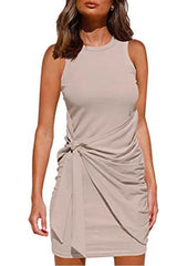 Crewneck Knot Front Ruched Sleeveless Dress