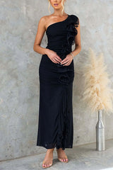 Heididress One Shoulder Slit Ruched Ruffle Mesh Maxi Dress