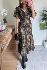 V Neck Puff Short Sleeves Floral Print Midi Dress
