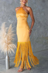 Heididress Halter Neck Patchwork Fringe Hem Satin Maxi Dress