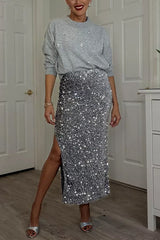Crewneck Drop Shoulder Rhinestone Detailed Pullover Sweater