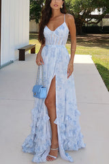 Heididress Back Lace-up Ruffle Hem Slit Floral Print Maxi Cami Dress