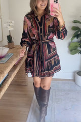 Long Sleeves Button Up Tie Waist Fioral Print Ruffle Mini Shirt Dress