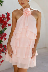 Flower Halter Neck Backless Ruffle Layered Mini Dress