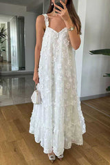 Heididress V Neck Sleeveless Flower Applique Ruffle Maxi Dress