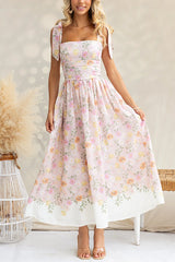 Adjustable Tie Straps Waisted Floral Print Maxi Dress