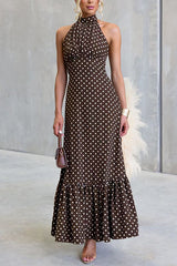 Halter Neck Backless Polka Dot Ruffle Maxi Dress