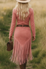 Retro Western Lapel Zipper Long Sleeve Tassel Midi Dress