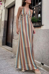 Heididress Halter V Neck Backless Color Block Crochet Maxi Dress