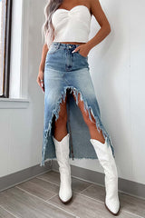 Frayed High Low Hem Distressed Maxi Skirt