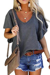 Heididress V Neck Ruffle Sleeves Loose T Shirt