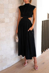 Heididress Solid Mockneck Cut Out Maxi A-line Swing Dress
