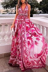 Heididress Halter V Neck Open Back Waisted Bohe Print Maxi Swing Dress