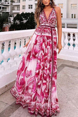 Heididress Halter V Neck Open Back Waisted Bohe Print Maxi Swing Dress