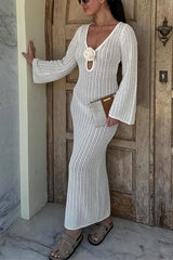Heididress V Neck Long Sleeves Backless Crochet Hollow Out Knit Maxi Dress