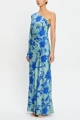 One Shoulder Long Sleeve Floral Print Maxi Dress